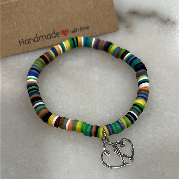 Colorful Beaded Bracelet with Heart Charm - Picture 2 of 3